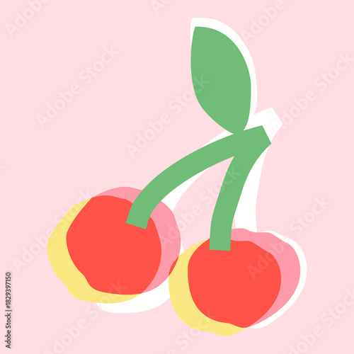 Hand-drawn overprint cherry illustration in pastel colors on soft background