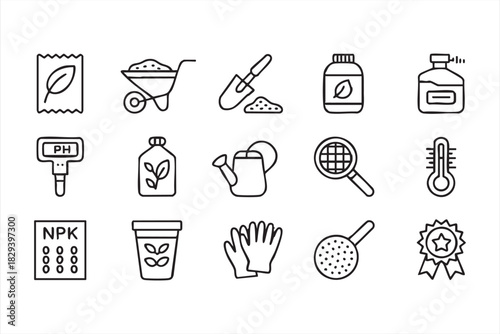 Gardening care line icons for soil nutrients, fertilizer tools, and plant maintenance
