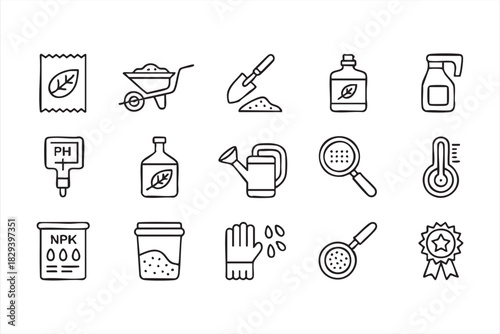 Horticulture tool icons for soil testing, watering, nutrients, and temperature control