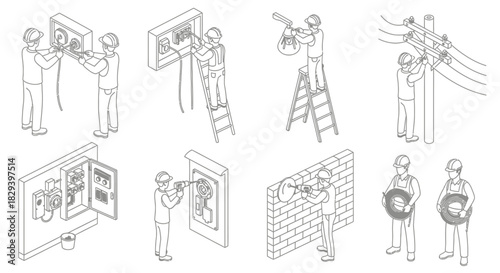 Electrical workers installing and maintaining equipment on poles and walls