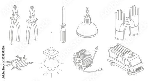 An assortment of tools and equipment including a work van illustration