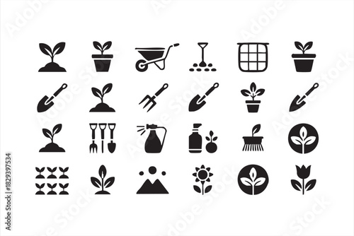 Garden tools and plant growth symbols in bold solid icon style
