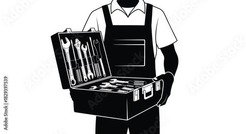 A worker holding an open toolbox filled with various hand tools