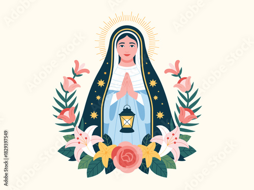 Virgin Mary Illustration with Floral Frame and Lantern, Religious Iconography, Mother of God, Catholic Art, Immaculate Conception, Vector Graphic