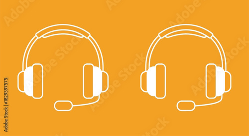 Two white outline headphones with microphones on a solid orange background