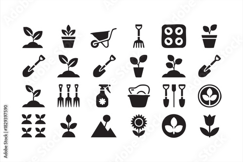 Horticulture solid icons for soil preparation, seedlings, and flower care