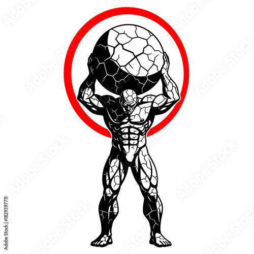 Muscular Atlas Figure Holding Cracked Globe, Vector Illustration, Strength Concept.
