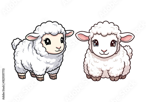 Charming Cartoon Illustration of Two Adorable White Sheep with Fluffy Wool