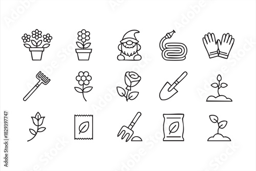 Garden tool icons for rakes, trowels, hoses, and plant cultivation