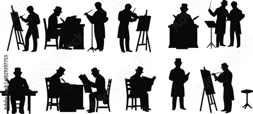 Vintage intellectual silhouettes, men in suits, painting, writing, reading, music, top hats, black vector, artistic icons