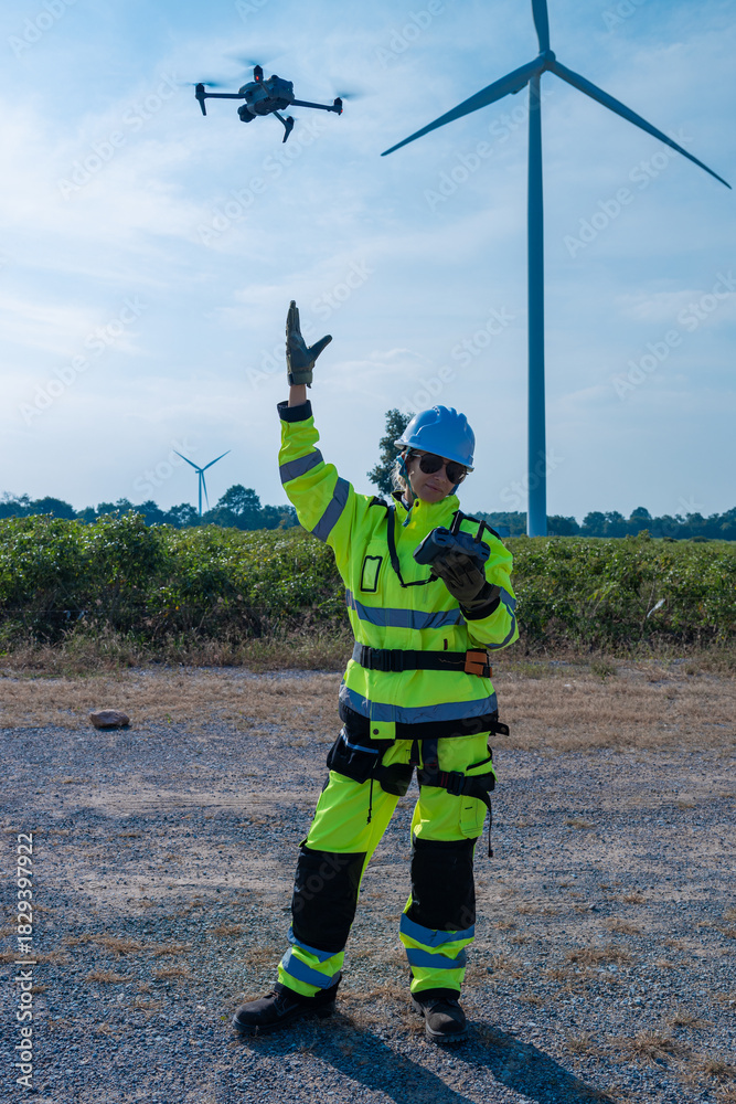 Obraz premium Engineers using drone to inspect wind farm
