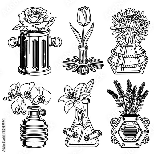 Six Steampunk Vases with Flowers: Rose, Tulip, Chrysanthemum, Orchid, Lily, Lavender