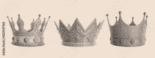 Grunge crown with retro photocopy effect. Stippled elements set with halftone dots and distressed texture