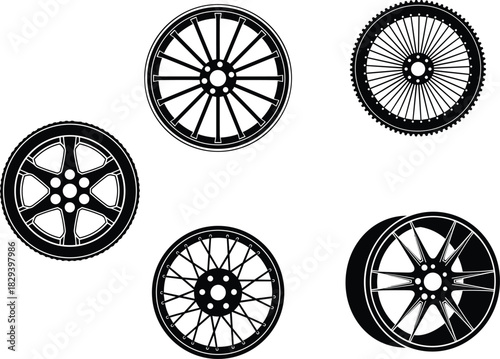 Wheel rim silhouettes, spoke patterns, automotive icons, bicycle wheels, black vector, engineering design, mechanical illustration, style comparison