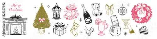 Hand drawn Christmas whimsical set. Cozy holiday fireplace, tree, bells, gifts, champagne, wreath, snowman and festive bows.