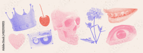 Stipple halftone collage set. Photocopy style with crown, heart, cassette, skull, flower, eye and mouth. Bitmap grain texture in dotted pop art
