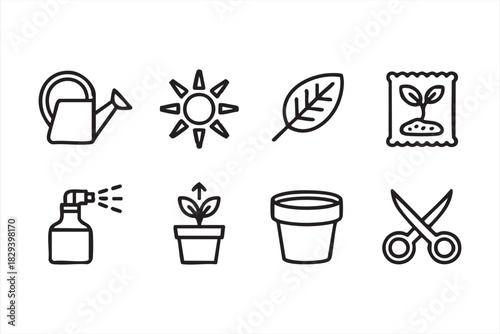 Minimal plant care icons for garden tools, seeding, and eco illustrations