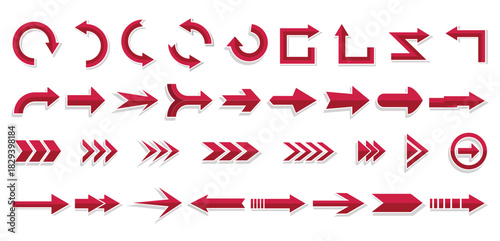 A bold and modern collection of 24 red vector arrow icons for web, UI/UX, and graphic design. Includes diverse directional signs, pointers, chevrons, and curved symbols for navigation, next, back, dow