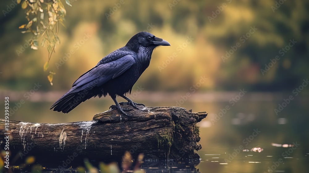 Naklejka premium Common raven perched on a log in natural forest habitat, wild bird close-up