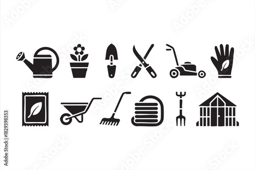 Lawn and garden care icons for trimming, raking, watering, and potting tasks
