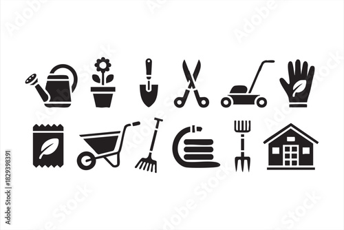 Solid landscaping icons for garden tools, lawn equipment, and outdoor upkeep