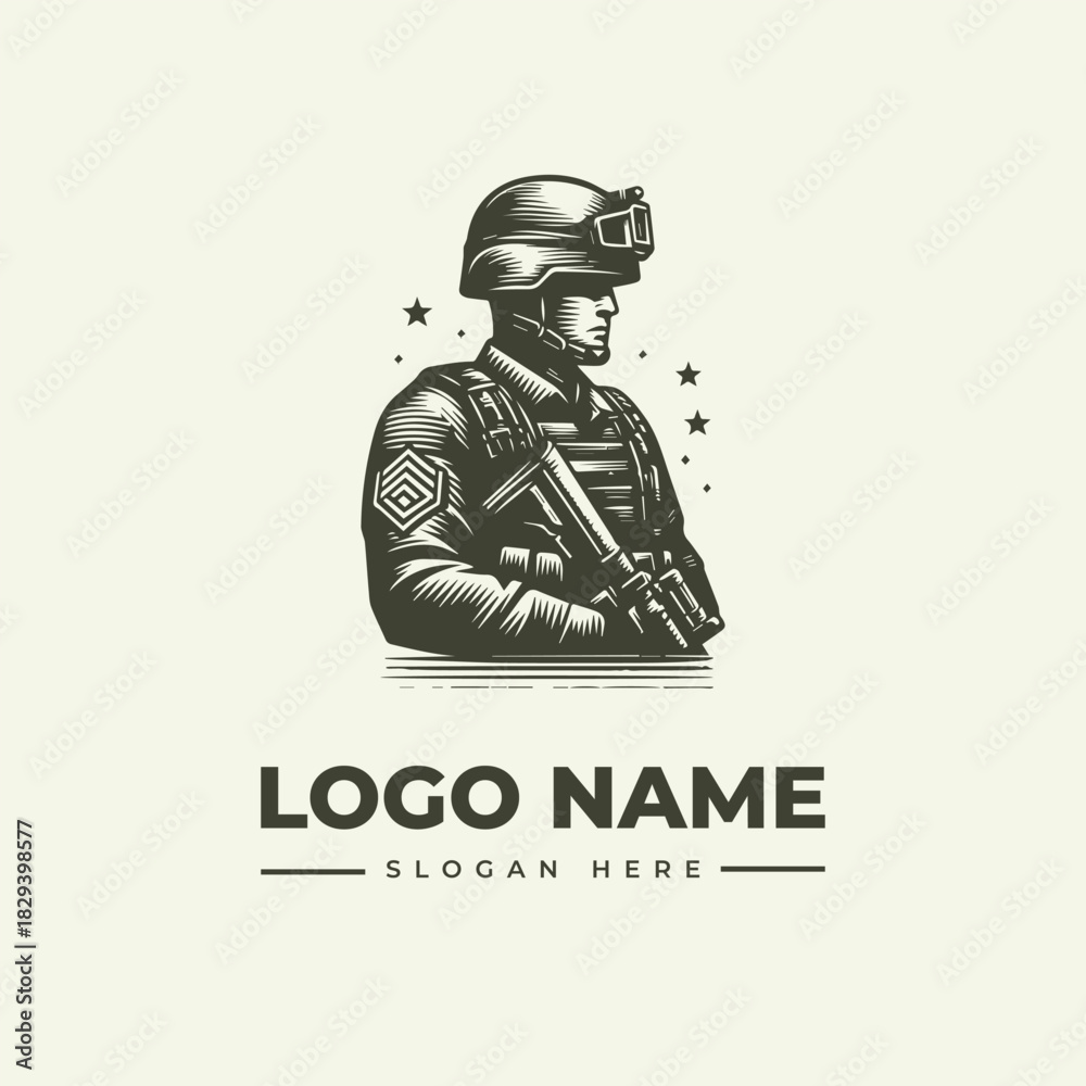 Naklejka premium Dynamic soldier in tactical gear vector logo illustration, a meticulously crafted military engraving artwork suitable for branding