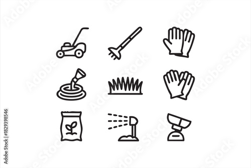 Grass care and garden tool icons for mowing, watering, and seed application