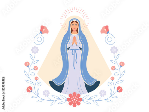 Vector Illustration of Virgin Mary with Halo and Floral Frame, Symbolic Representation of Faith, Devotion, and Artistic Depiction for Religious Purposes