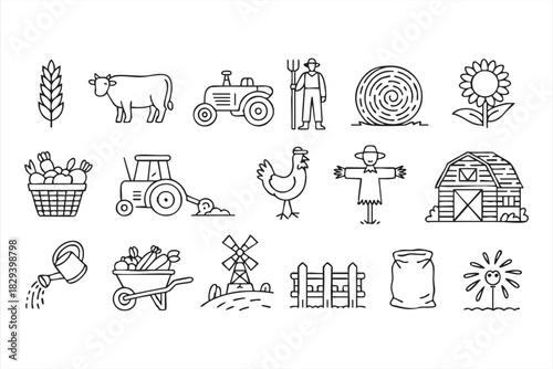 Farming line icons for tractors, crops, livestock, barns, and produce baskets