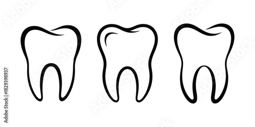 Healthy Tooth Icons Set In Clean Vector Outline Illustration Featuring Dentistry Symbols For Clinic Branding, Toothpaste Packaging, Dental Mouthwash Labels, And Modern Oral Care Graphic Design