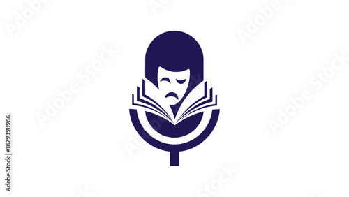 Podcast mic with tragedy mask book and drama logo