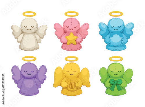 Colorful cartoon angel figurines with halos and accessories on white background