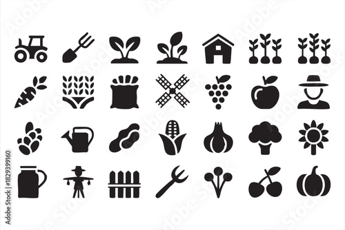 Harvest season icons for produce, corn, apples, tractors, and rural farm elements