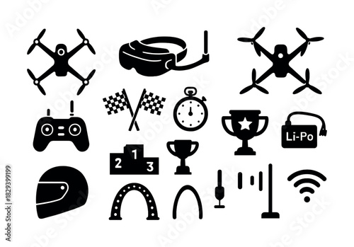Drone racing symbols: controllers, trophies, checkered flags, stopwatch, vr headset