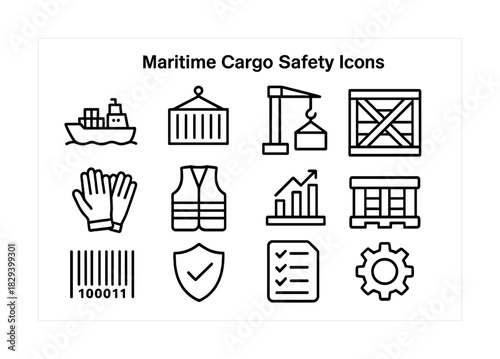 Maritime cargo safety icons collection: shipping, equipment, protection, gear, management