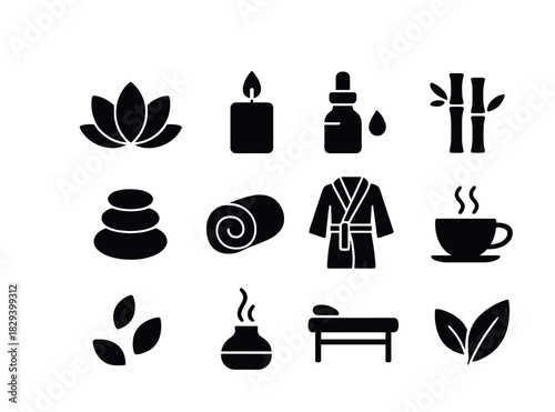 Spa and wellness icons: lotus, candle, aromatherapy, bamboo, stones, tea, massage
