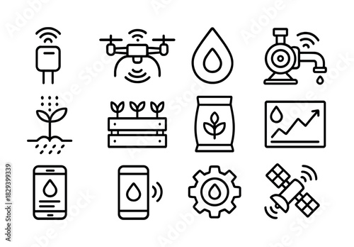 Smart agriculture icons: iot technology for efficient farming and water management