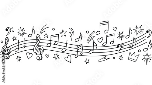 Musical Doodles: Staff Paper, Treble Clef, Bass Clef, Notes, Stars, Hearts, Crown, and Sparkles Line Art on White Background for Artistic Projects