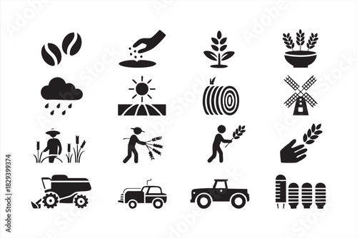 Solid agriculture icons for harvest crops, planting, tractors, silos, and farm fields