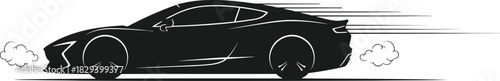 Dynamic black silhouette of a sleek sports car in highspeed motion, featuring trailing lines and exhaust effects, symbolizing power and speed