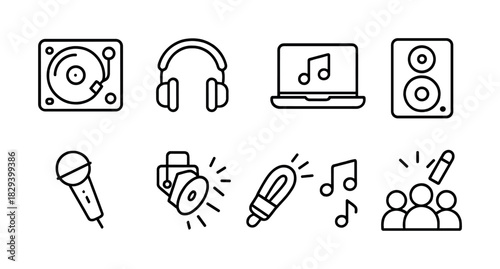 Music and audio icon set: turntable, headphones, laptop, speaker, microphone, camera, bulb, group