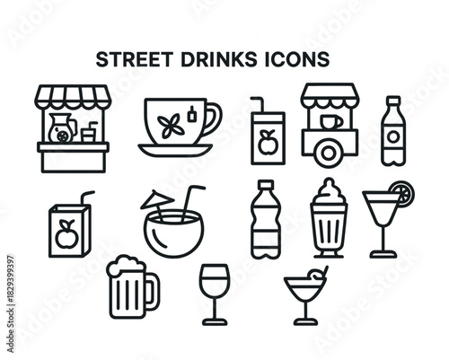 Street drinks icons set: cups, bottles, cocktails, stalls, glasses