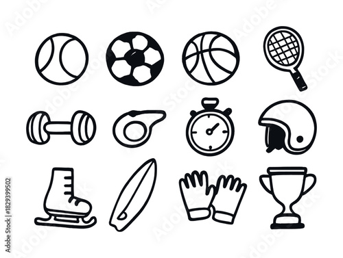 Simple black and white sports equipment icons including ball, glove, helmet, stopwatch, skate, trophy