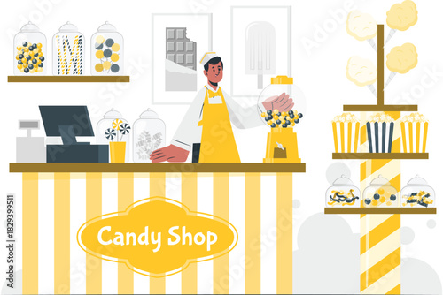 Delightful confectionary haven illustration depicting a vibrant candy shop with a friendly attendant preparing sweet treats and an array of colorful sugary delights
