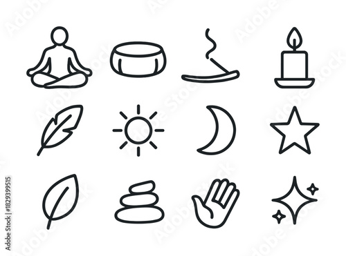 Minimalist icons of meditation and wellness: candle, incense, zen elements