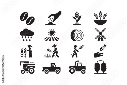 Harvest season solid icons for crops, tractors, windmills, and field labor