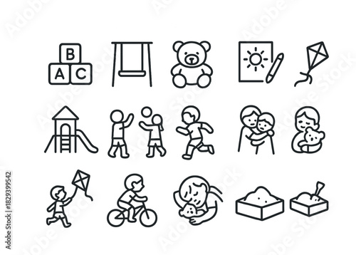 Children's activities and toys icons featuring playful outlines