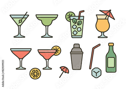 Collection of colorful cocktail icons with glasses and garnishes