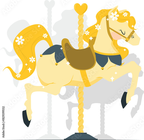A charming golden carousel horse decorated with white flowers, a classic vintage merry-go-round ride from an amusement park