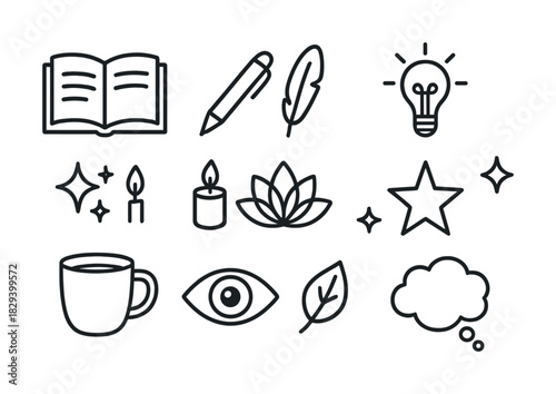 Set of creative icons: book, pen, feather, lightbulb, candle, lotus, star, coffee, eye, leaf, thought bubble